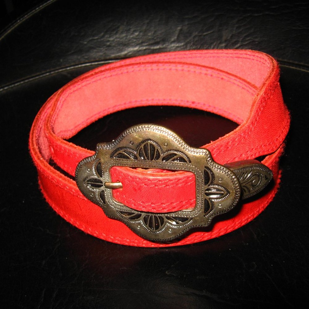 Liz Claiborne Red Suede Belt with Antique Brass Buckle